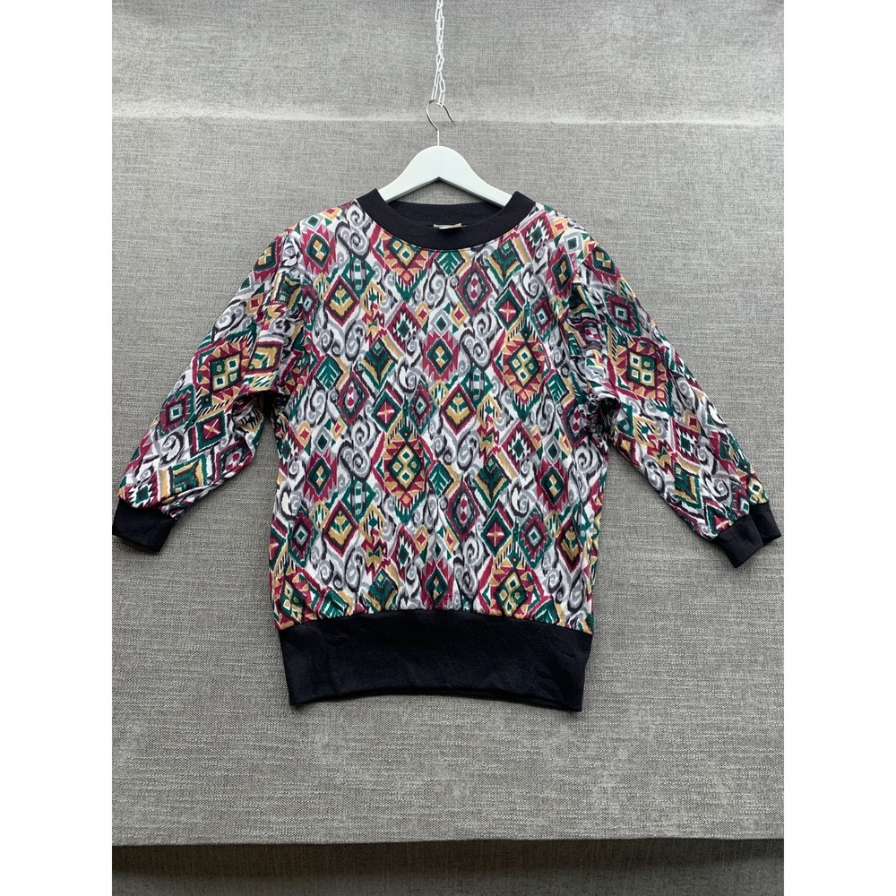 Vintage 90s Donnkenny Blouse Top Womens Small Multi Geometric Crew Neck Pullover